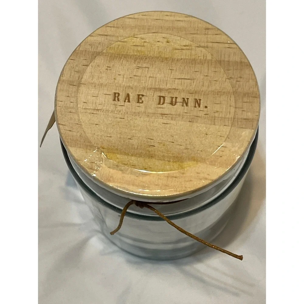 Rae‎ Dunn CLEAN Glass Jar with Wood Lid Bathroom Canister Cotton Ball Holder NEW
